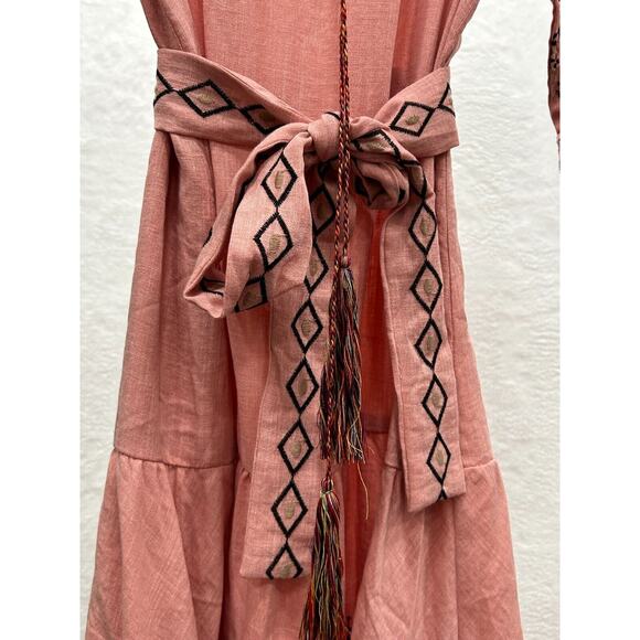 Misa Boho Dress Womens XS Pink Viscose Embroidered Tie Waist V Neck Drawstring - Picture 7 of 16